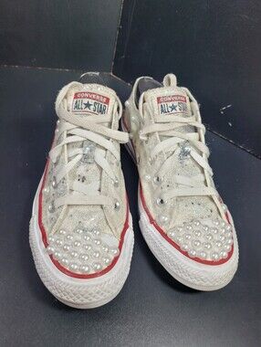 Converse W7652 Custom Pearl Glitter Sneakers Womens Size 6 Bling Wedding Shoes
